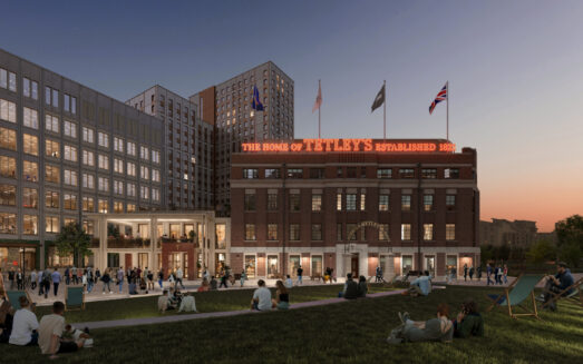 An evening render of the Tetley with extension looking East